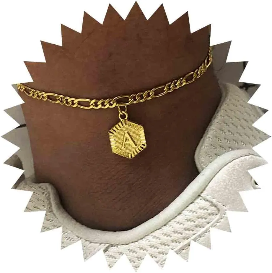 Boho Gold Letter A Hang Tag Anklets Wedding Gold Foot Chain Beach Sequins Barefoot Sandals Anklet Rhombus Ankle Bracelet Jewelry for Women