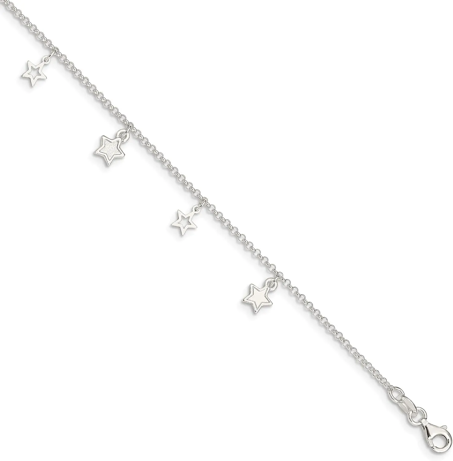 Bonyak Jewelry Sterling Silver Polished & Textured Star 9in Plus 1in Ext. Anklet Breathtaking