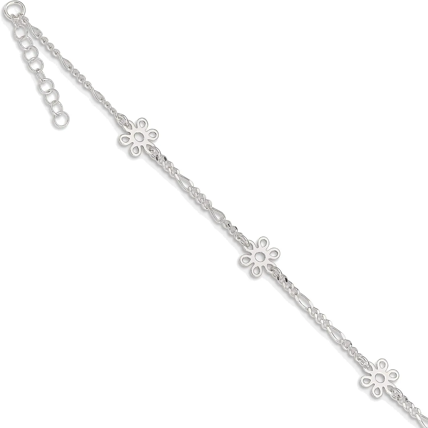 Bonyak Jewelry Sterling Silver Polished Flower 9in Plus 1in Ext. Anklet Classic