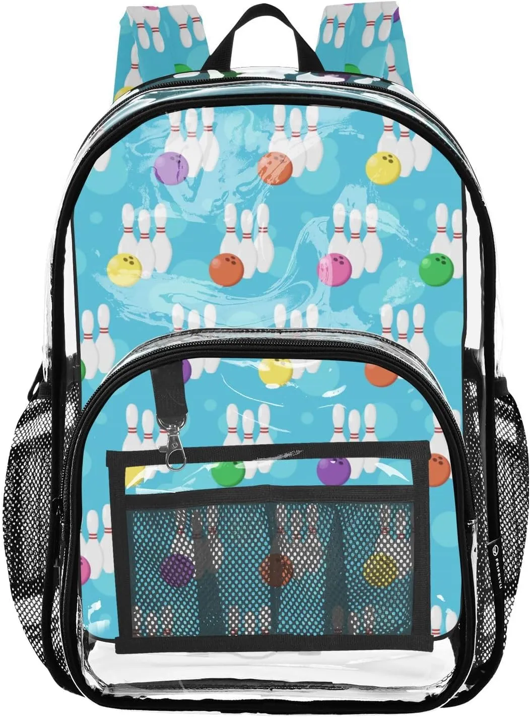 Bowling Pins and Balls Blue Clear Backpack for Boys Girls PVC Transparent School Bookbag Large Capacity Clear Bag for Student Work Travel