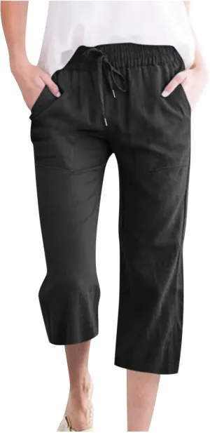 Capris Pants for Women Casual Summer 2025 Cotton Linen Pant Beach Loose Comfy Straight Leg Drawstring Cropped Trouser