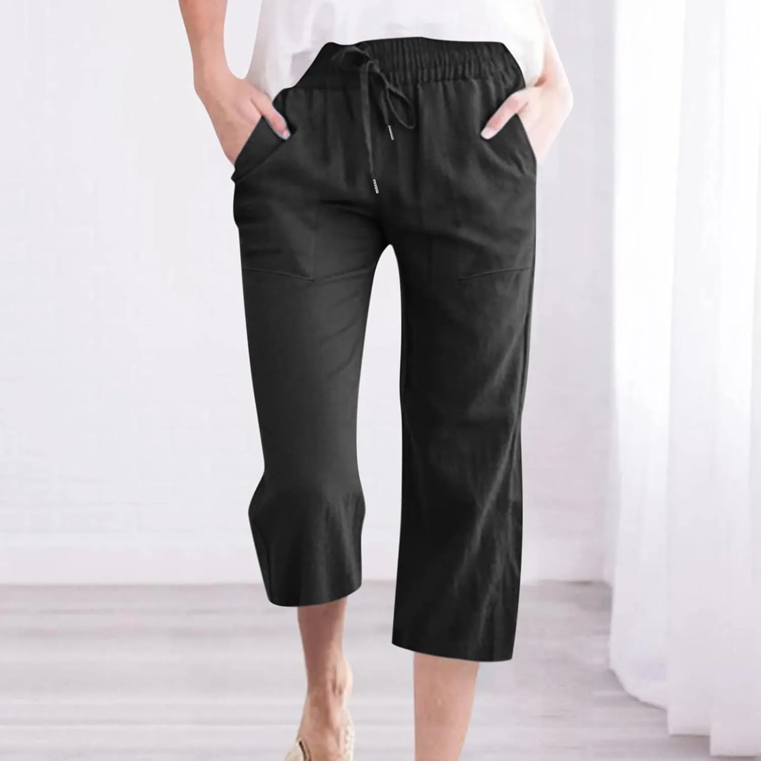 Capris Pants for Women Casual Summer 2025 Cotton Linen Pant Beach Loose Comfy Straight Leg Drawstring Cropped Trouser
