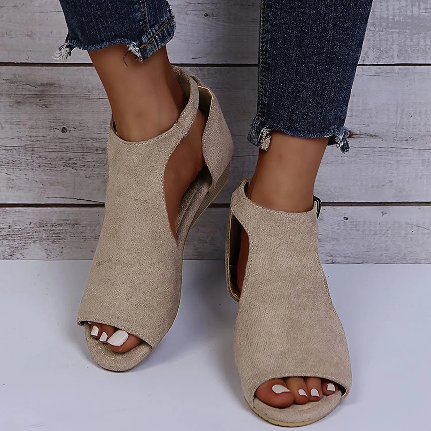 Cathalem Sandals for Women Dressy, Women's Orthopedic Suede Peep Toe Ankle Booties Cut Out Stacked Block Heel Ankle Boots Comfortable Shoes