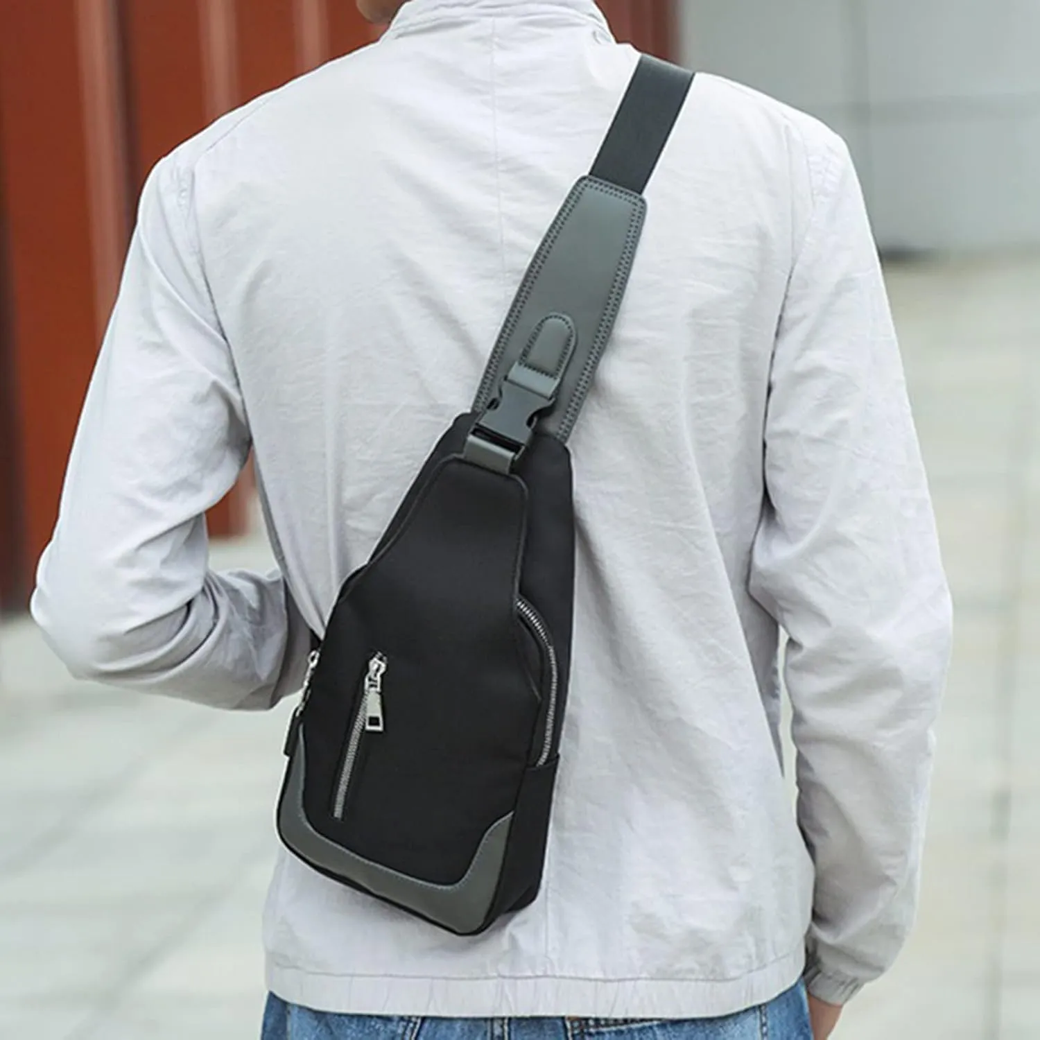 Chest Backpack Men's Simple Business Crossbody USB Interface Lock Color Cloth Chest Bag Shoulder Bag