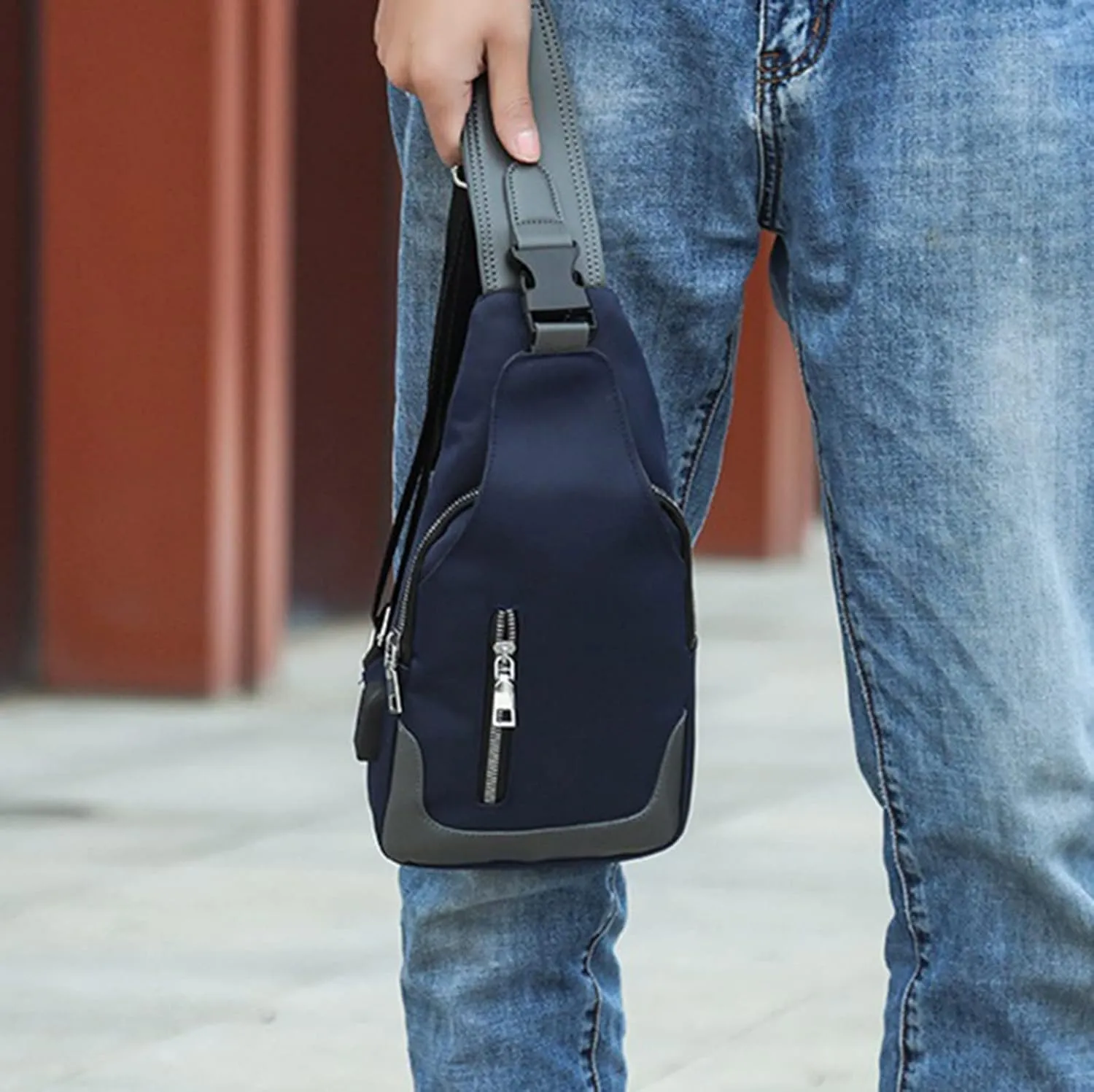 Chest Backpack Men's Simple Business Crossbody USB Interface Lock Color Cloth Chest Bag Shoulder Bag