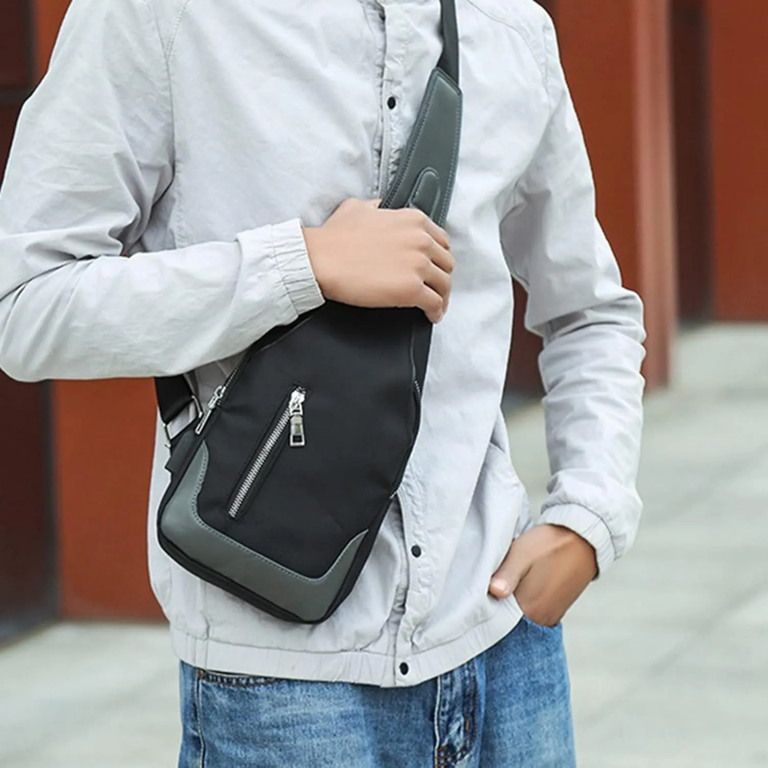 Chest Backpack Men's Simple Business Crossbody USB Interface Lock Color Cloth Chest Bag Shoulder Bag