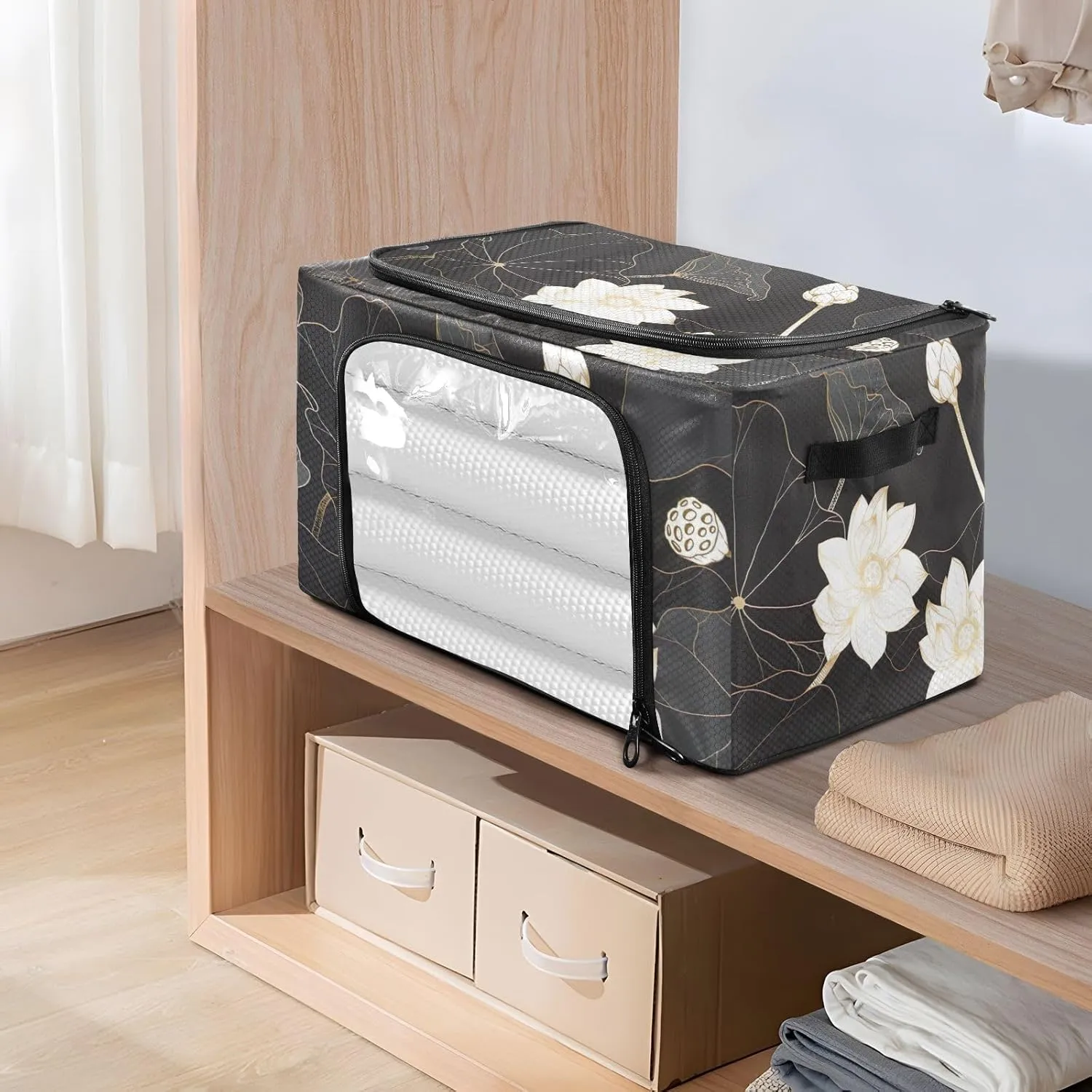 CHIFIGNO Golden Lotus Dark Garment Bags for Storage, Waterproof Polyester Fabric, 43 x 29 x 25.5 Cm for Clothes, Toys