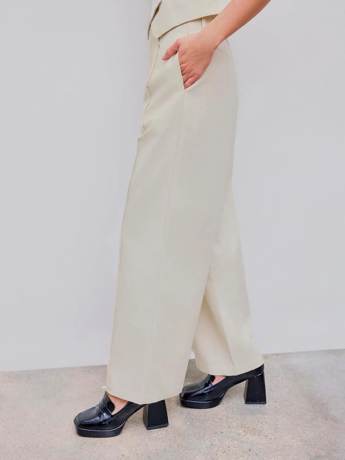 CIDER Linen-Blend High Rise Solid Pocket Wide Leg Trousers
