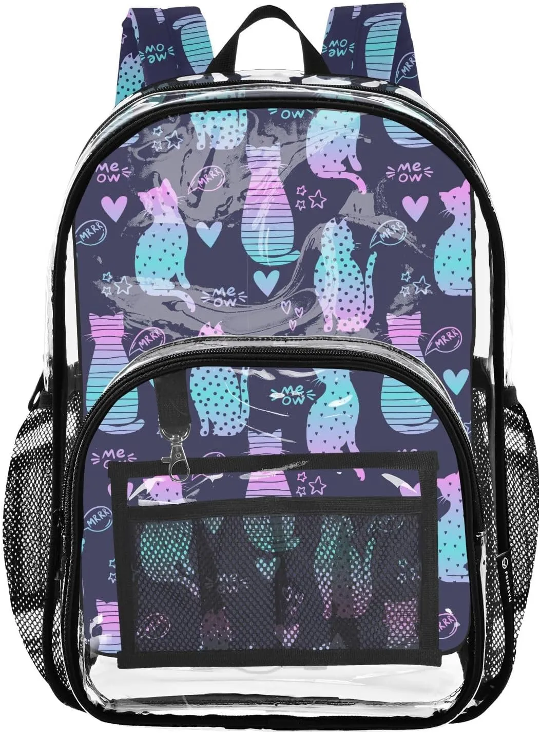 Clear Backpack Heavy Duty 15.7 Inch Cats Stripe Dots Clear Bookbag Large Bag for Stadium Approved See Through Backpack for School Work Concert College