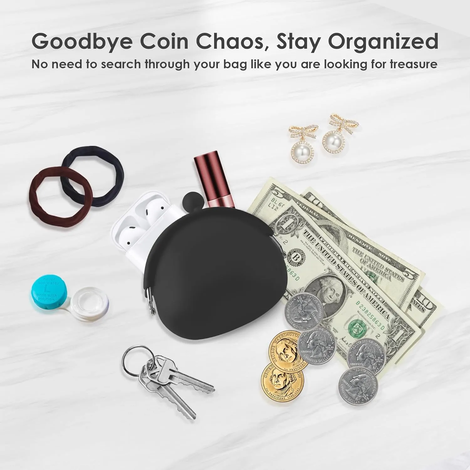 Coin Purse for Women  Silicone Small Coin Pouch with Kiss Lock for Coins, Keys, Lipstick, and Earphones  Mini Cute Change Purse, Coin Purse & Pouch for Daily Life, Cars, Travel, Party (Black)