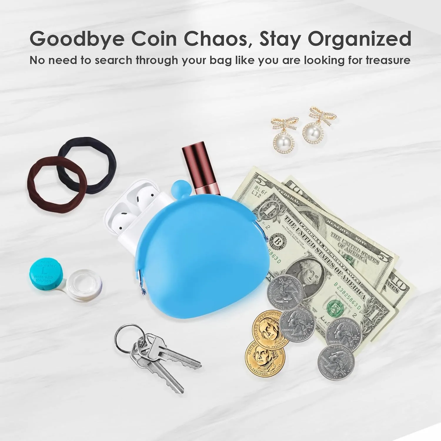 Coin Purse for Women  Silicone Small Coin Pouch with Kiss Lock for Coins, Keys, Lipstick, and Earphones  Mini Cute Change Purse, Coin Purse & Pouch for Daily Life, Cars, Travel, Party (Blue)