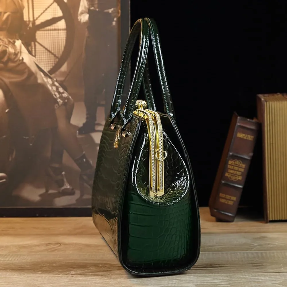 Crocodile Pattern Leather Women's Bag Diamonds Clip Top Handle Satchel Crossbody Handbags Evening Bag Purses Shoulder Bags