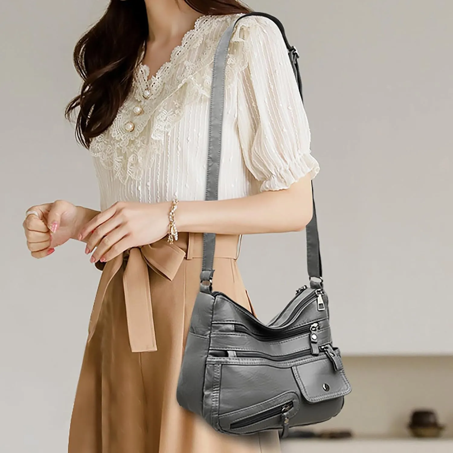 Crossbody Bags for Women Medium Size Ladies Retro Satchel Purse with Multi Zipper Pockets Soft Leather Women's Cargo Tote