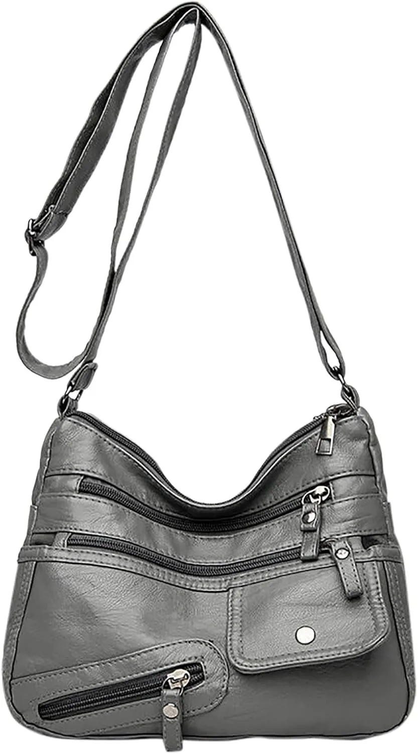 Crossbody Bags for Women Medium Size Ladies Retro Satchel Purse with Multi Zipper Pockets Soft Leather Women's Cargo Tote