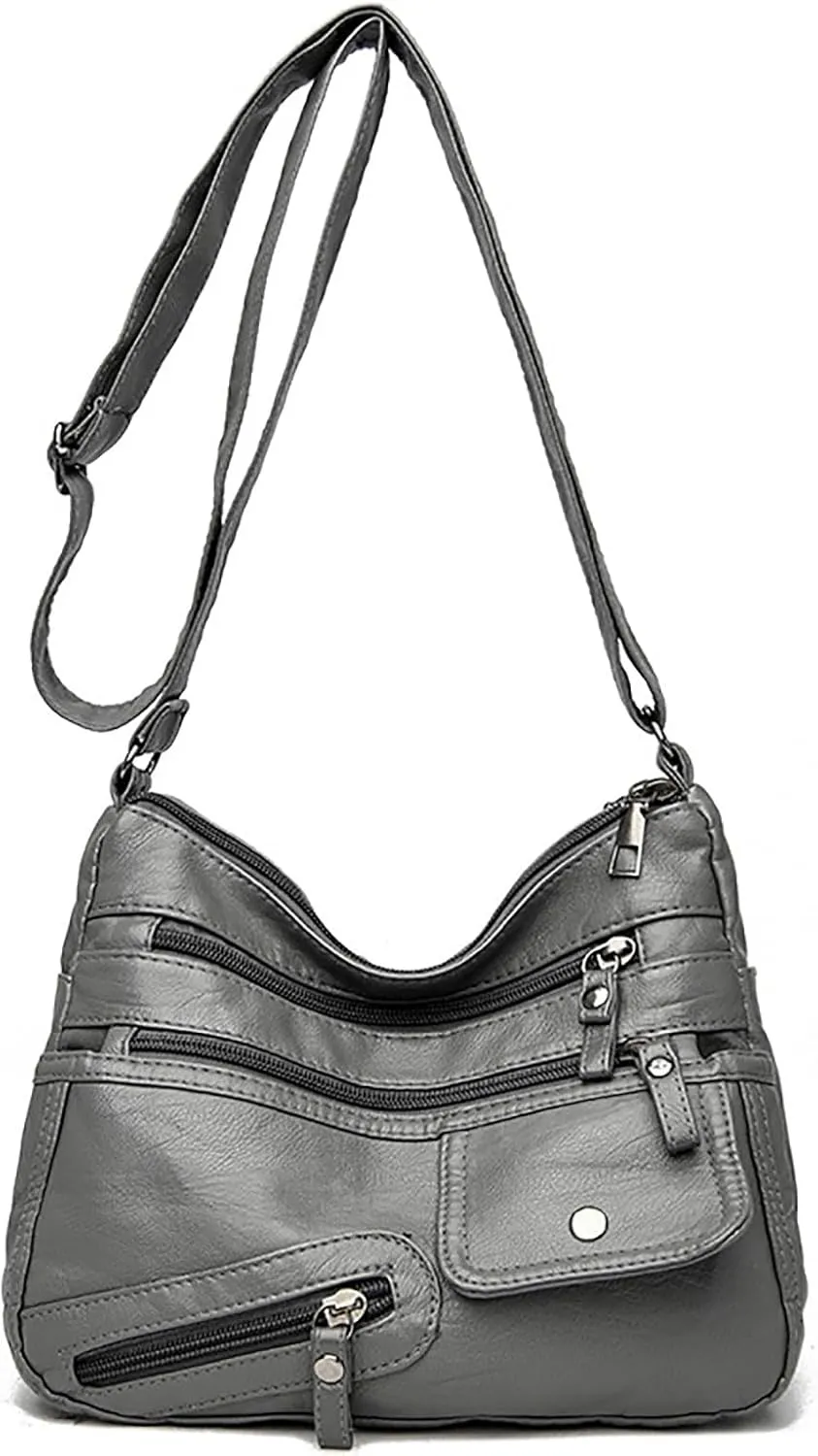 Crossbody Bags for Women Medium Size Ladies Retro Satchel Purse with Multi Zipper Pockets Soft Leather Women's Cargo Tote