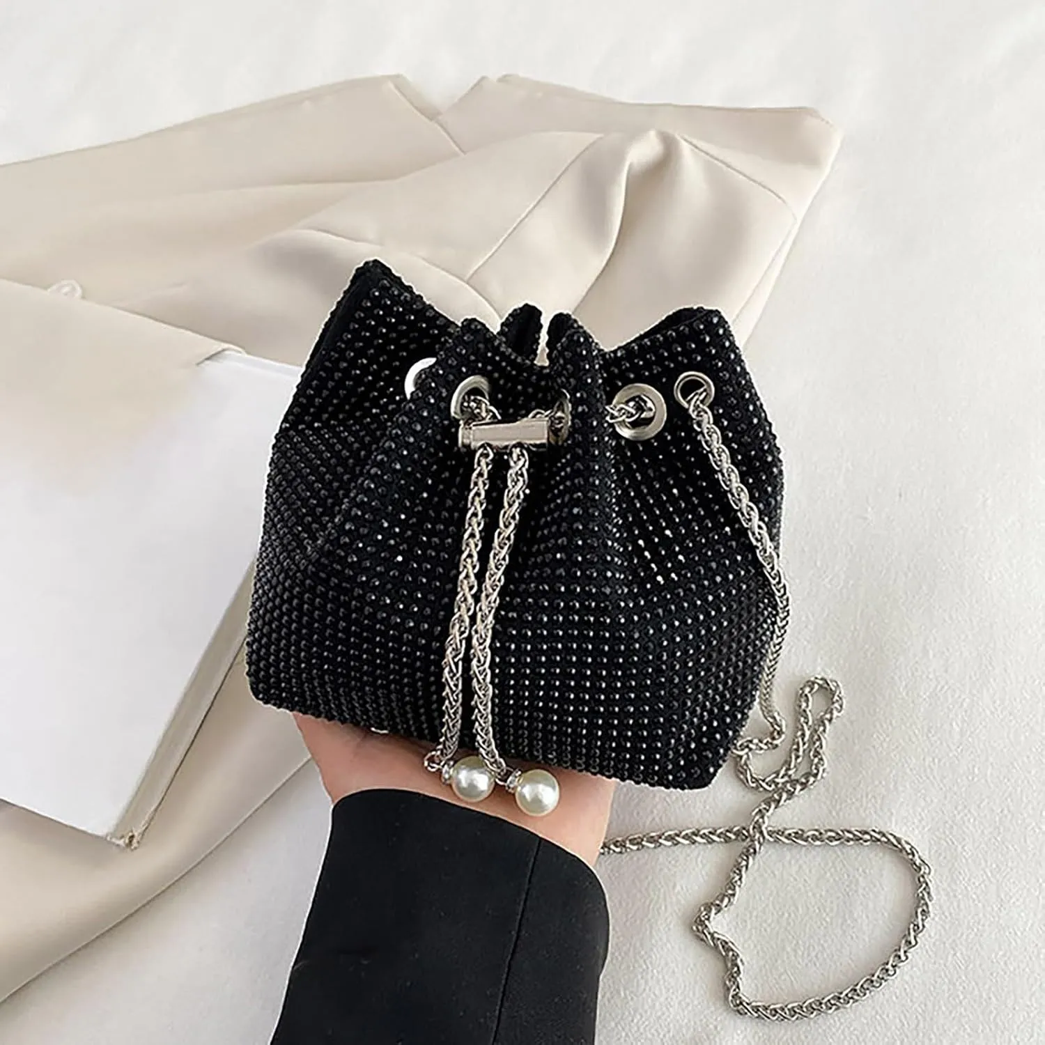Crossbody Shoulder Evening Bag Shinny Bling Clutch Purse Bucket Pearl Strap Handbag For Women Large Purse for Women