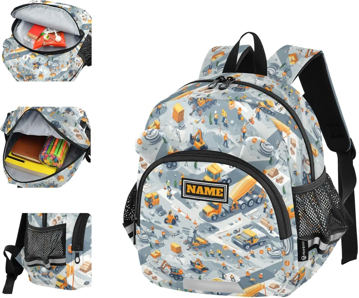 Custom Cute Ears Big Kid Backpacks Leash Boys Girls Anti-Lost Personalized Mini Bag with Reflective Strip M Construction Scene Highway Construction Concrete Mixer Truck Road Roller
