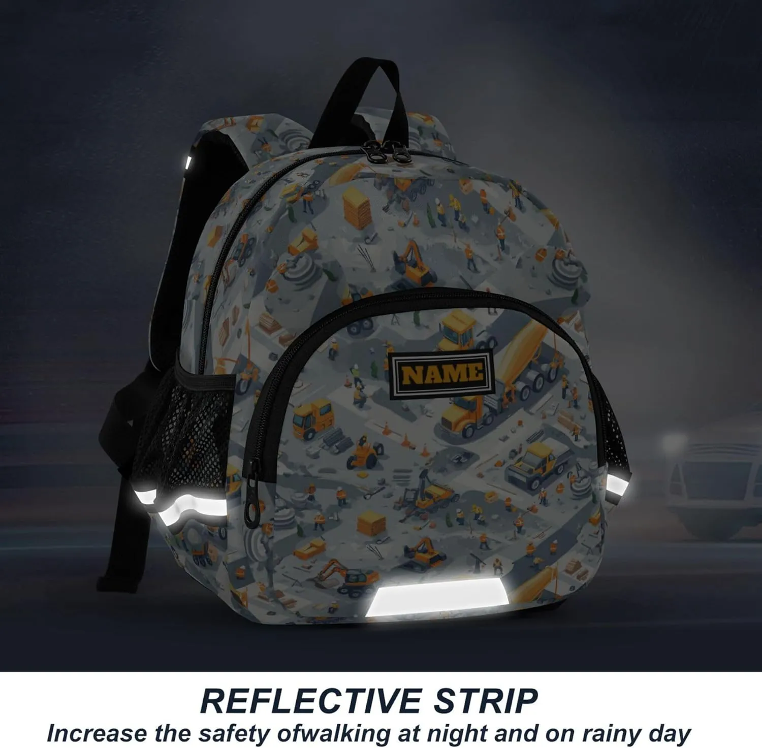 Custom Cute Ears Big Kid Backpacks Leash Boys Girls Anti-Lost Personalized Mini Bag with Reflective Strip M Construction Scene Highway Construction Concrete Mixer Truck Road Roller