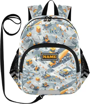 Custom Cute Ears Big Kid Backpacks Leash Boys Girls Anti-Lost Personalized Mini Bag with Reflective Strip M Construction Scene Highway Construction Concrete Mixer Truck Road Roller
