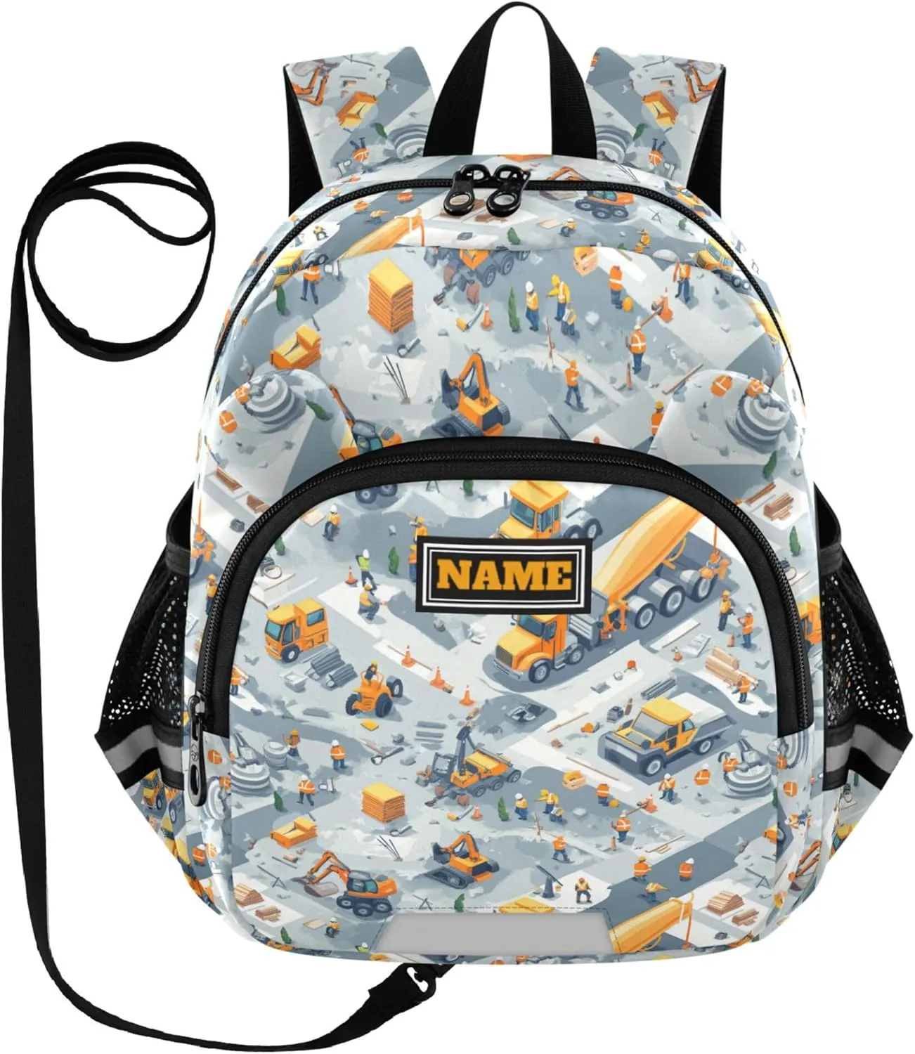 Custom Cute Ears Big Kid Backpacks Leash Boys Girls Anti-Lost Personalized Mini Bag with Reflective Strip M Construction Scene Highway Construction Concrete Mixer Truck Road Roller