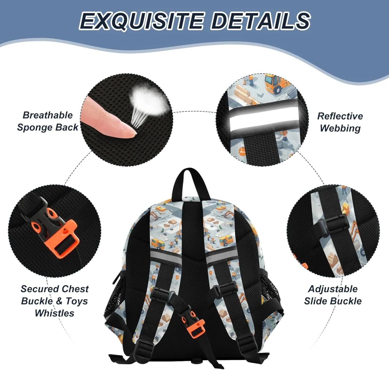 Custom Cute Ears Big Kid Backpacks Leash Boys Girls Anti-Lost Personalized Mini Bag with Reflective Strip M Construction Scene Highway Construction Concrete Mixer Truck Road Roller