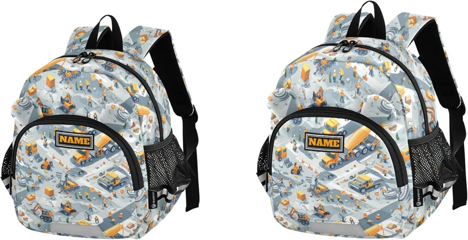 Custom Cute Ears Big Kid Backpacks Leash Boys Girls Anti-Lost Personalized Mini Bag with Reflective Strip M Construction Scene Highway Construction Concrete Mixer Truck Road Roller