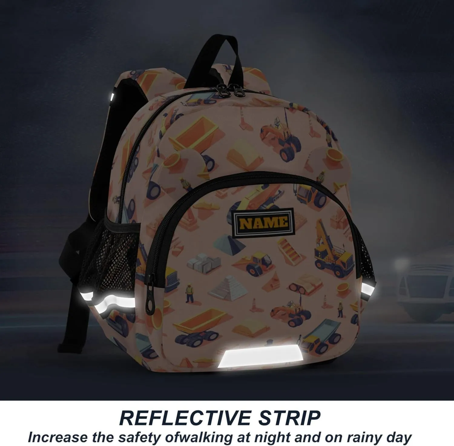 Custom Cute Ears Fun Kids Backpack Leash Little Girls Anti-Lost Personalized Bag Pack For School with Reflective Strip M Construction Scene Dam Construction Dump Truck Grader