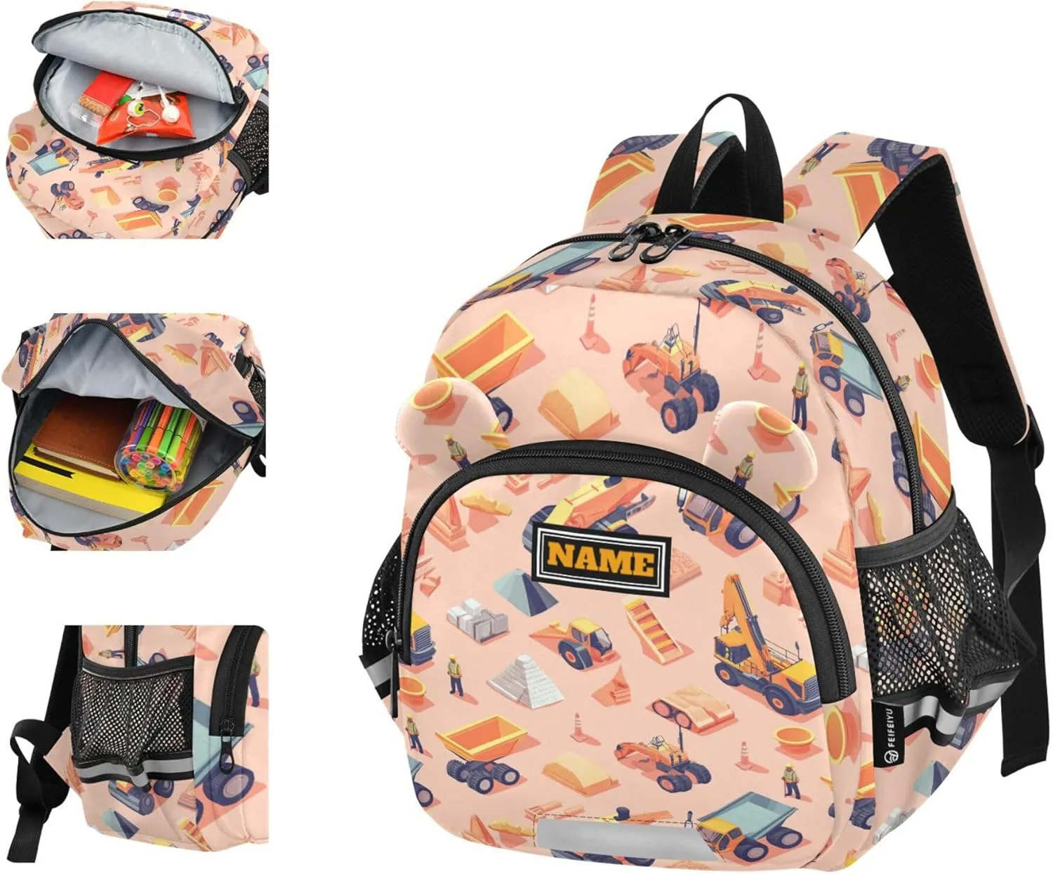 Custom Cute Ears Fun Kids Backpack Leash Little Girls Anti-Lost Personalized Bag Pack For School with Reflective Strip M Construction Scene Dam Construction Dump Truck Grader