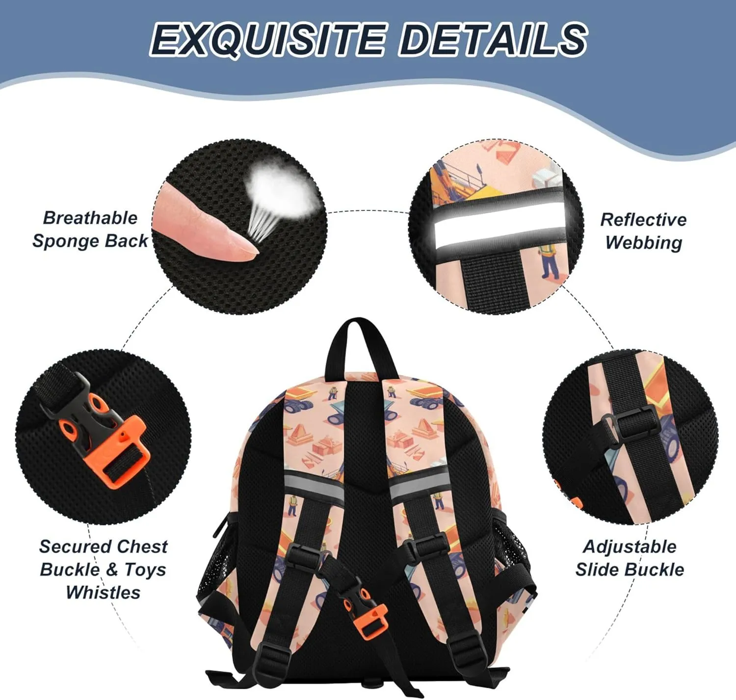 Custom Cute Ears Fun Kids Backpack Leash Little Girls Anti-Lost Personalized Bag Pack For School with Reflective Strip M Construction Scene Dam Construction Dump Truck Grader