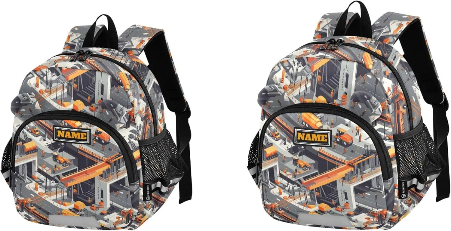 Custom Cute Ears Kids Sport Backpack Leash Little Girls Anti-Lost Personalized Bookbag Decorations with Reflective Strip S Construction Scene Building Bridges Dump Truck Concrete Mixer Truck