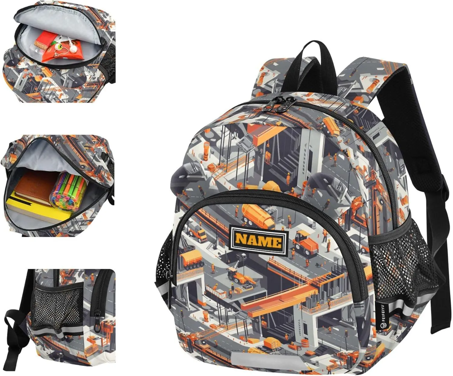 Custom Cute Ears Kids Sport Backpack Leash Little Girls Anti-Lost Personalized Bookbag Decorations with Reflective Strip S Construction Scene Building Bridges Dump Truck Concrete Mixer Truck