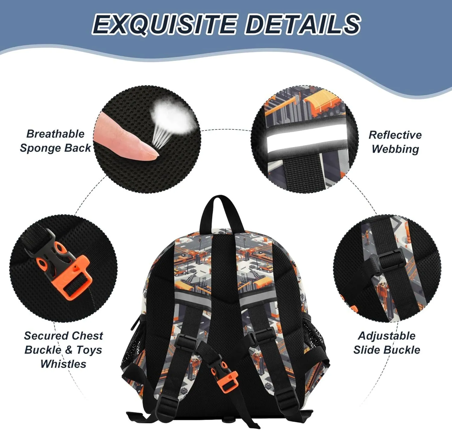 Custom Cute Ears Kids Sport Backpack Leash Little Girls Anti-Lost Personalized Bookbag Decorations with Reflective Strip S Construction Scene Building Bridges Dump Truck Concrete Mixer Truck