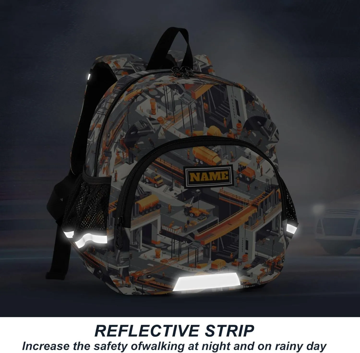 Custom Cute Ears Kids Sport Backpack Leash Little Girls Anti-Lost Personalized Bookbag Decorations with Reflective Strip S Construction Scene Building Bridges Dump Truck Concrete Mixer Truck