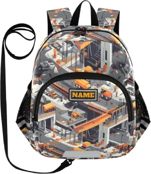 Custom Cute Ears Kids Sport Backpack Leash Little Girls Anti-Lost Personalized Bookbag Decorations with Reflective Strip S Construction Scene Building Bridges Dump Truck Concrete Mixer Truck