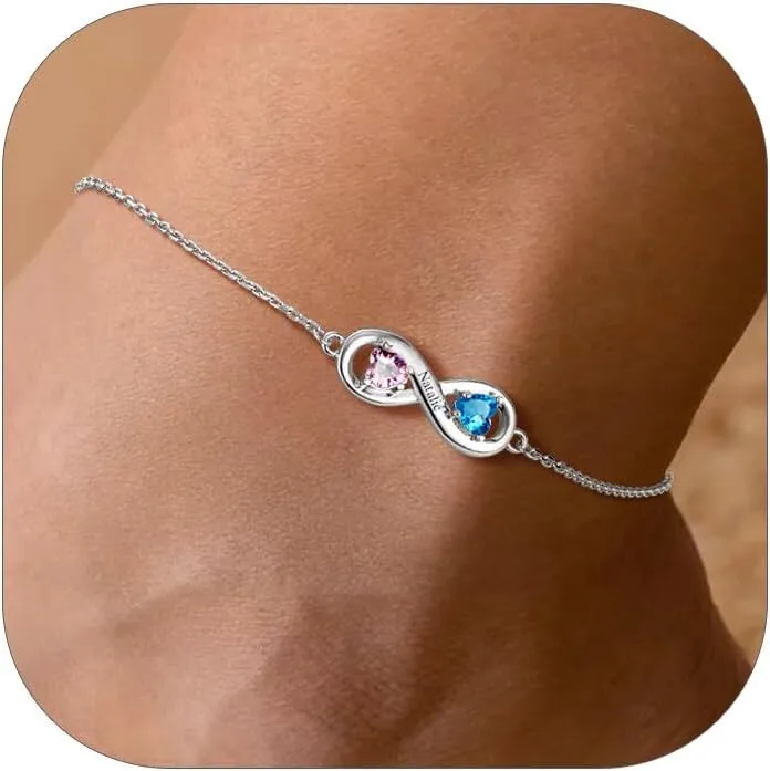 Custom4U Personalized Infinity Ankle Bracelets for Women 925 Sterling Silver Anklet Bracelet Endless Love Symbol Birthstone Charm Adjustable Foot Chain Jewelry Mothers Day Gifts for Mom Wife Women Her