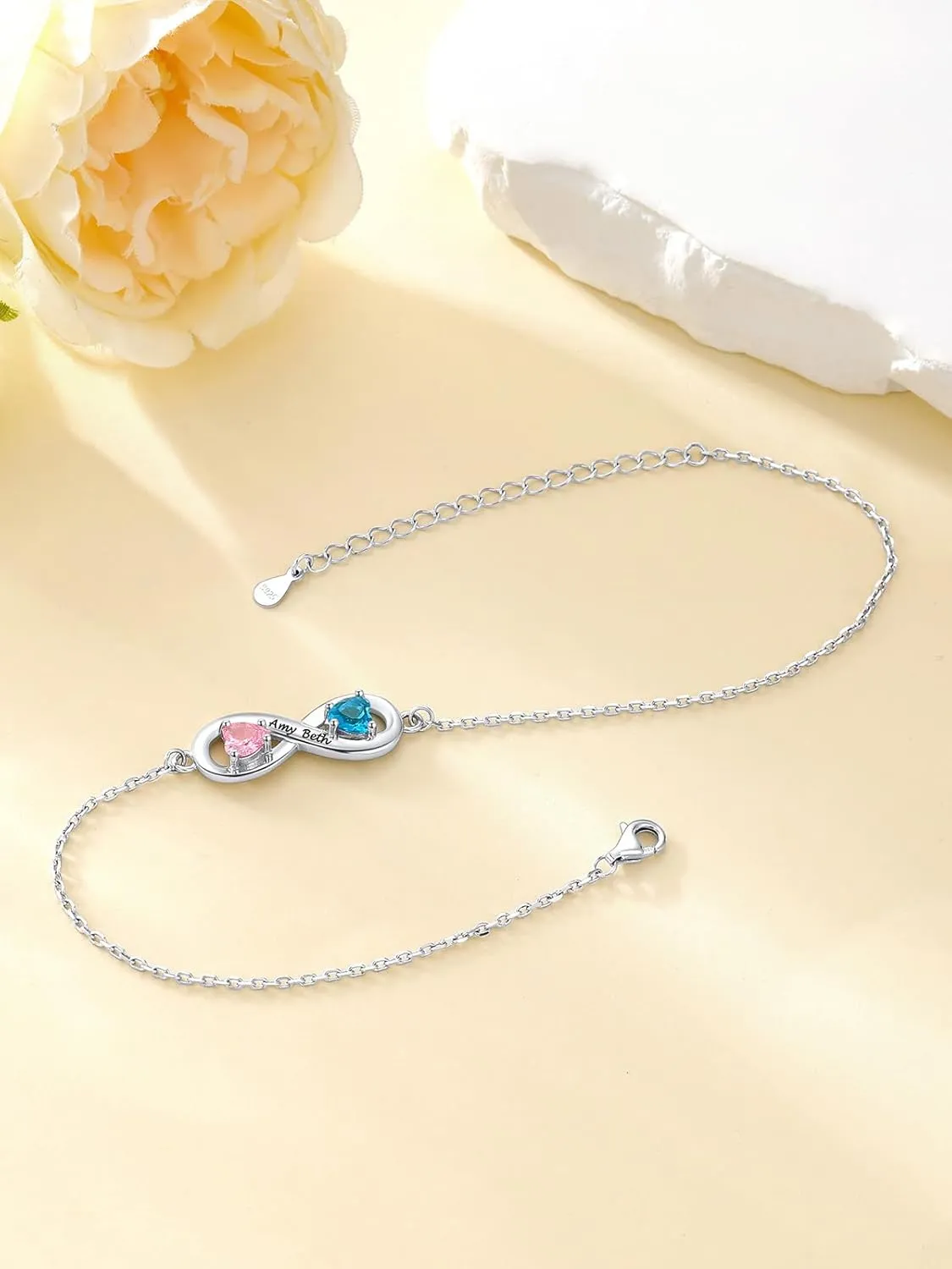 Custom4U Personalized Infinity Ankle Bracelets for Women 925 Sterling Silver Anklet Bracelet Endless Love Symbol Birthstone Charm Adjustable Foot Chain Jewelry Mothers Day Gifts for Mom Wife Women Her