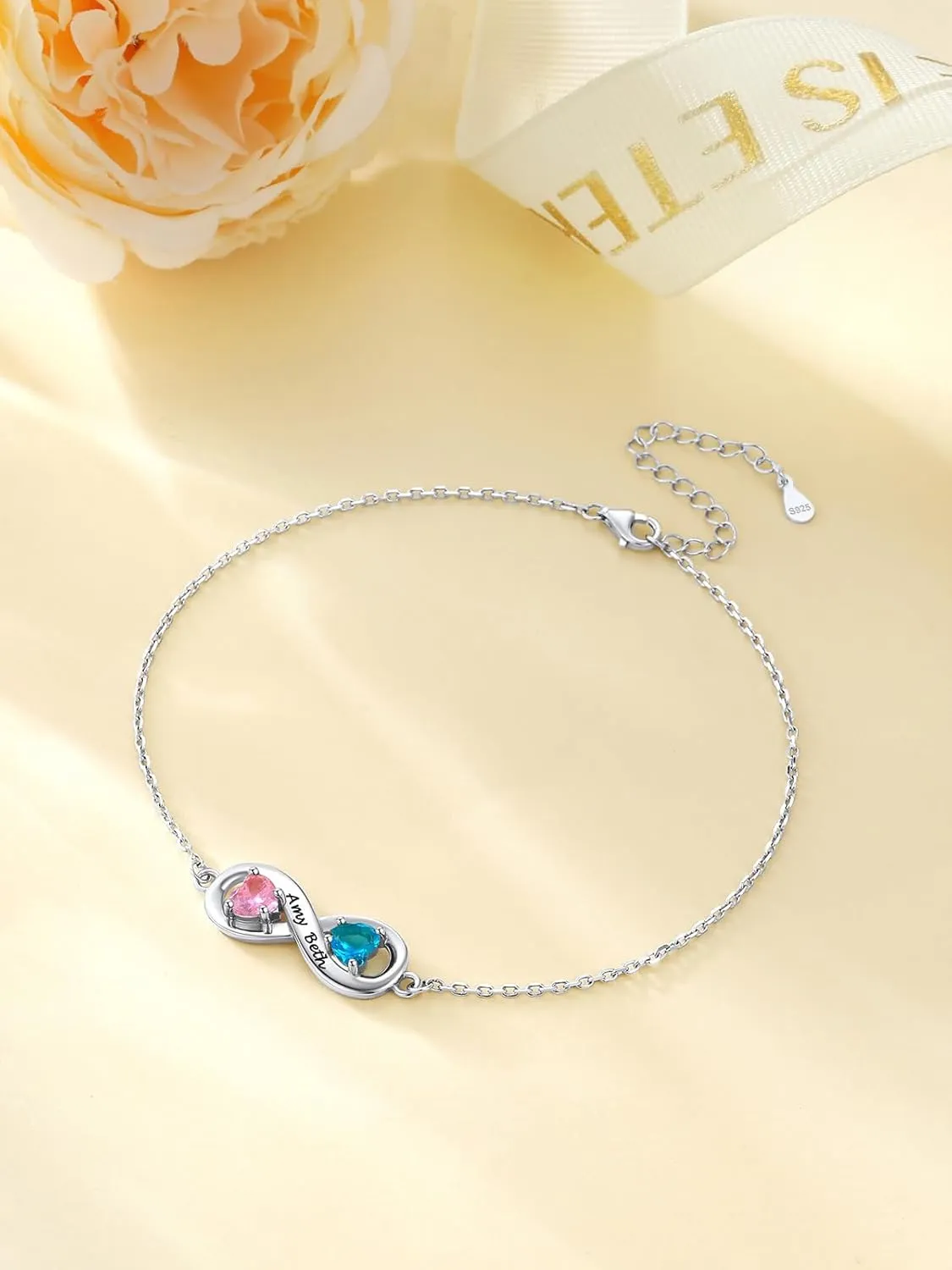 Custom4U Personalized Infinity Ankle Bracelets for Women 925 Sterling Silver Anklet Bracelet Endless Love Symbol Birthstone Charm Adjustable Foot Chain Jewelry Mothers Day Gifts for Mom Wife Women Her