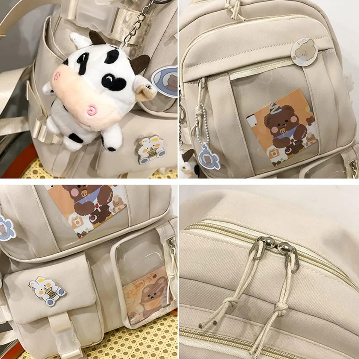 Cute Backpack with Cute Pin Accessories Plush Pendant for School Bag Student Girl Backpack Super-Capacity Waterproof Travel Backpack(Black)