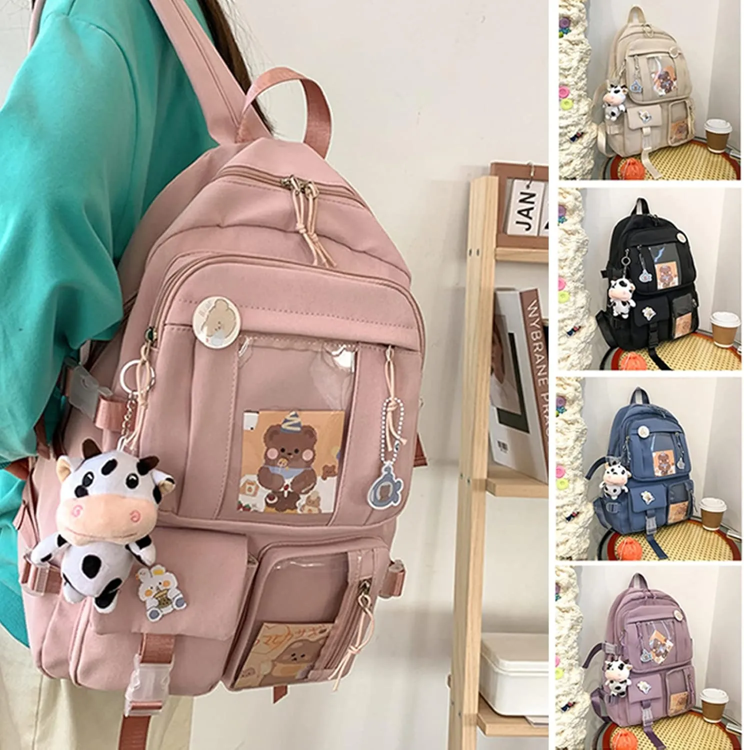 Cute Backpack with Cute Pin Accessories Plush Pendant for School Bag Student Girl Backpack Super-Capacity Waterproof Travel Backpack(Black)