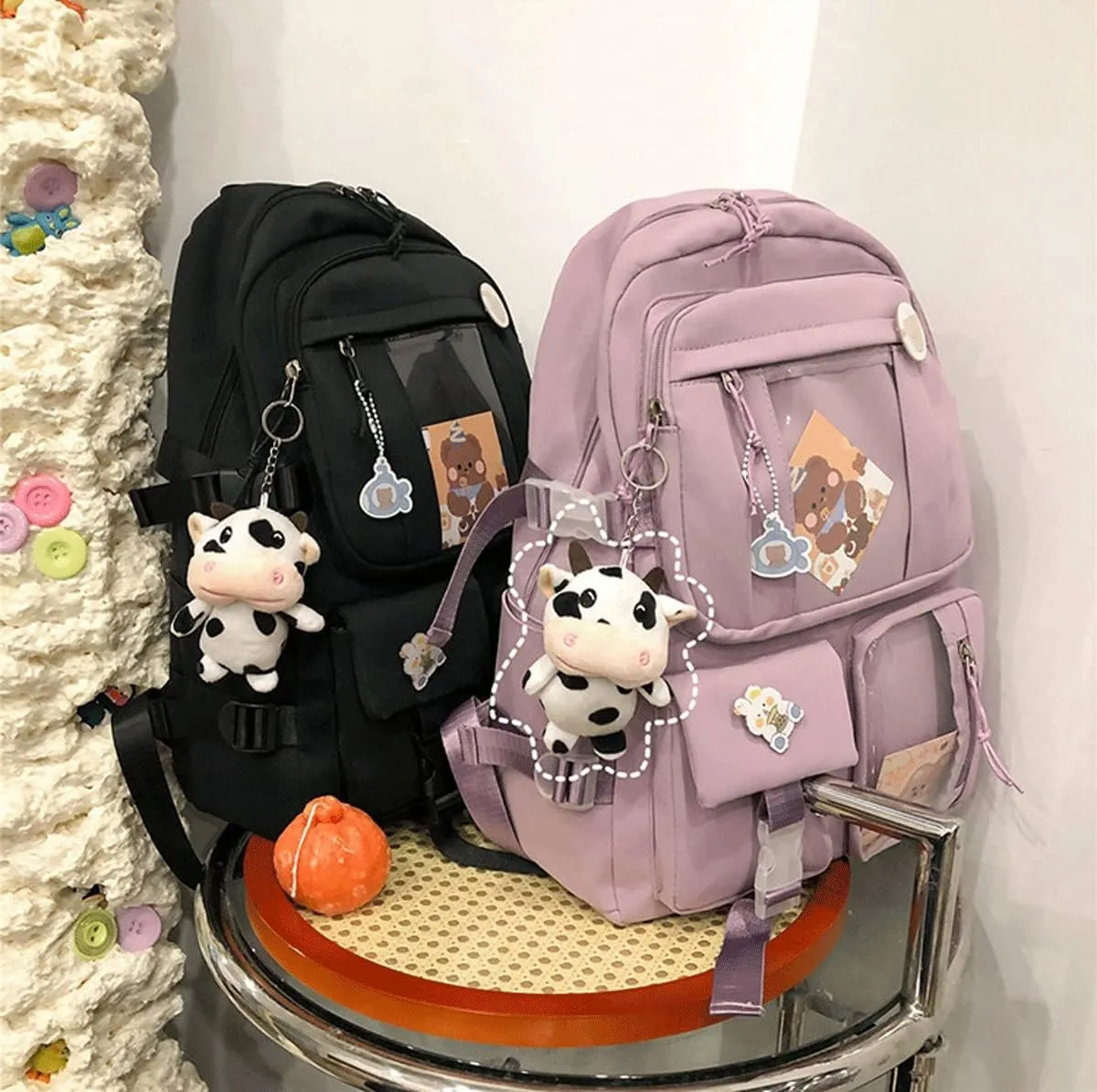 Cute Backpack with Cute Pin Accessories Plush Pendant for School Bag Student Girl Backpack Super-Capacity Waterproof Travel Backpack(Black)