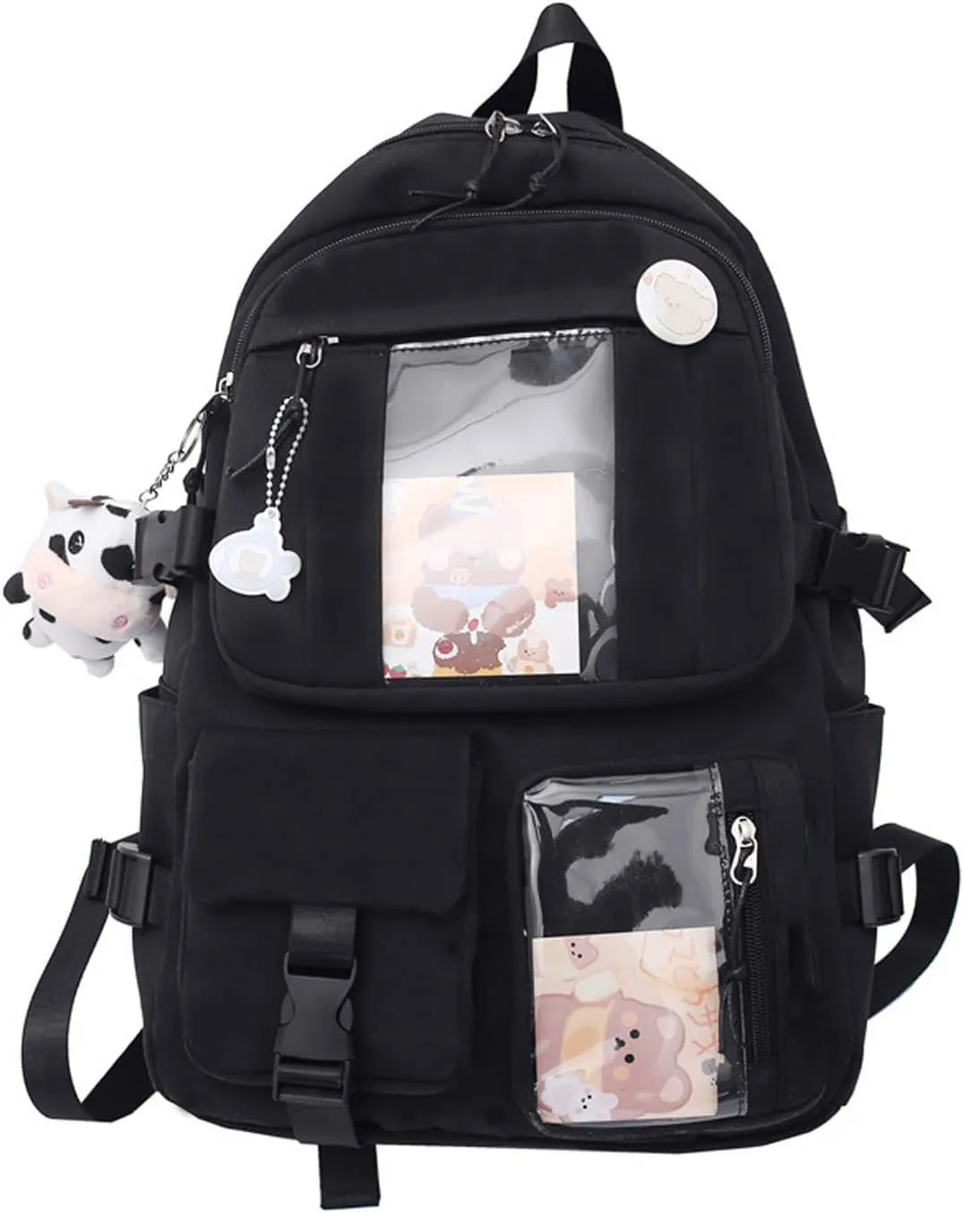 Cute Backpack with Cute Pin Accessories Plush Pendant for School Bag Student Girl Backpack Super-Capacity Waterproof Travel Backpack(Black)