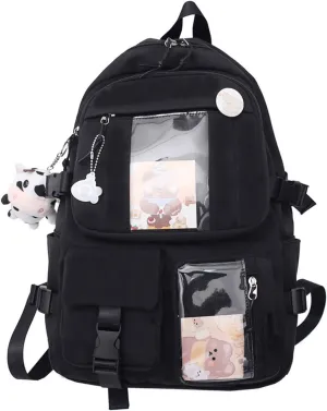 Cute Backpack with Cute Pin Accessories Plush Pendant for School Bag Student Girl Backpack Super-Capacity Waterproof Travel Backpack(Black)