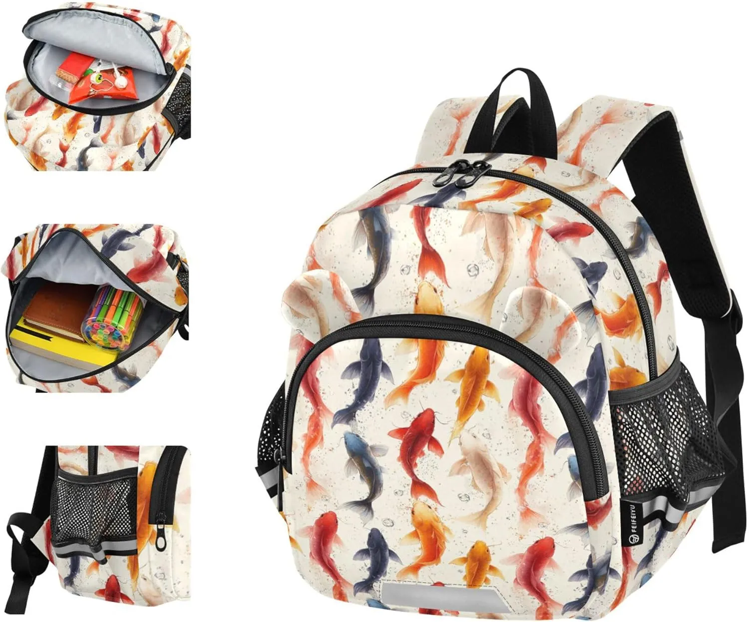 Cute Ears Kids Day Backpack Leash Boy's/Girl's Anti-Lost Personalized Daycare Bag with Reflective Strip S Beauty Catfish Fishes White