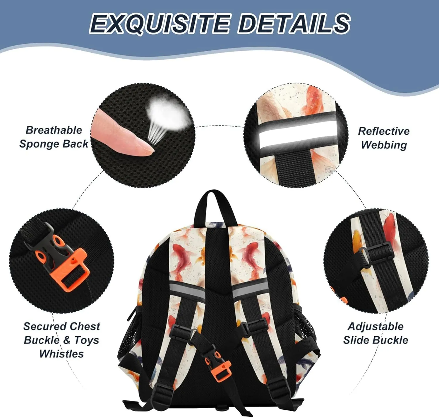 Cute Ears Kids Day Backpack Leash Boy's/Girl's Anti-Lost Personalized Daycare Bag with Reflective Strip S Beauty Catfish Fishes White