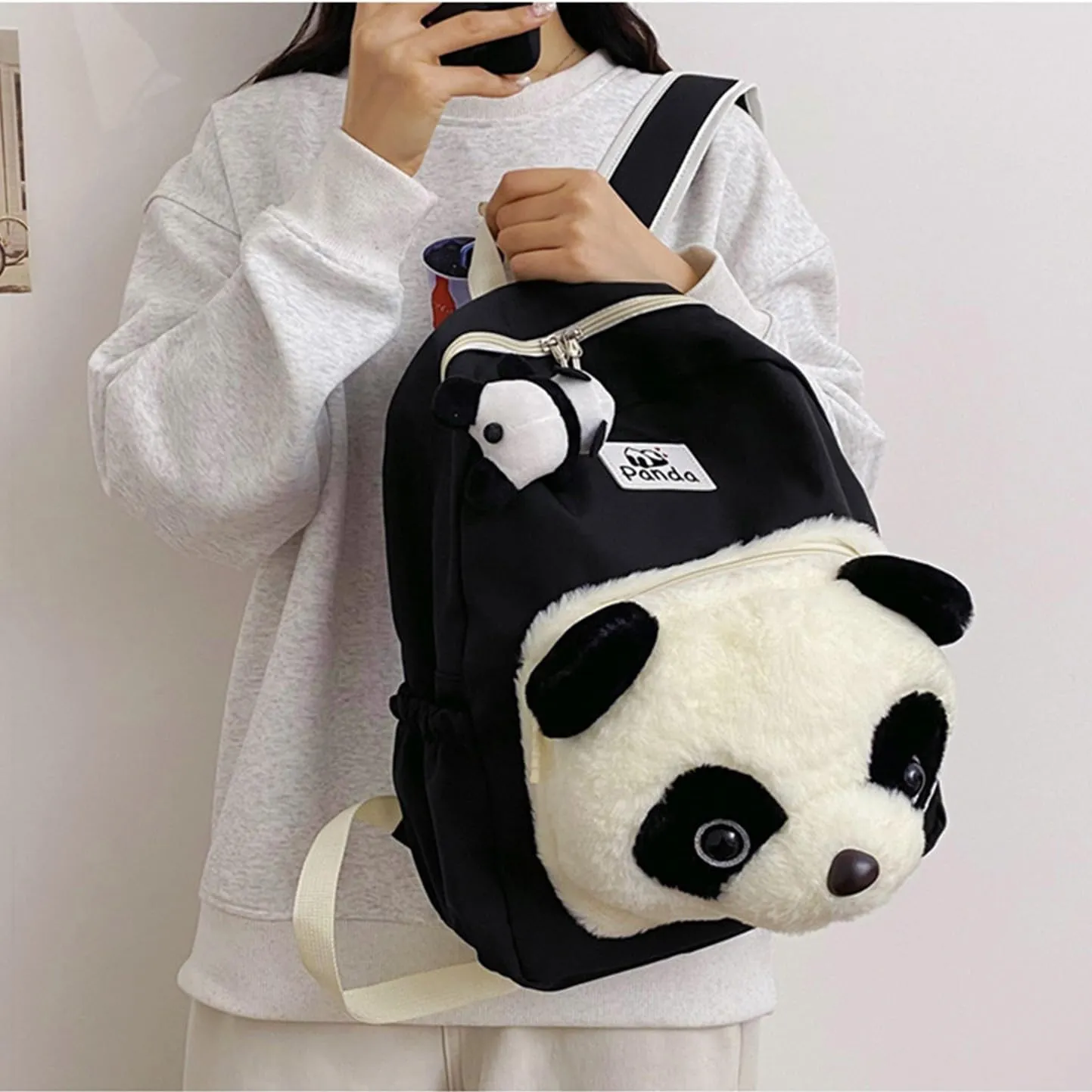 Cute Funny Panda Shape Backpack for Women Men Plush Panda Travel Backpack Large Capacity Weekend Rucksack Lightweight Travel Daypack Black