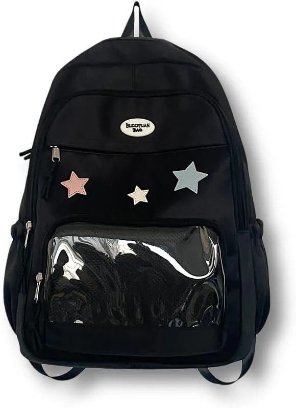 Cute Y2K Aesthetic Backpack Stars Pattern Preppy Backpack Laptop Backpack (Black)