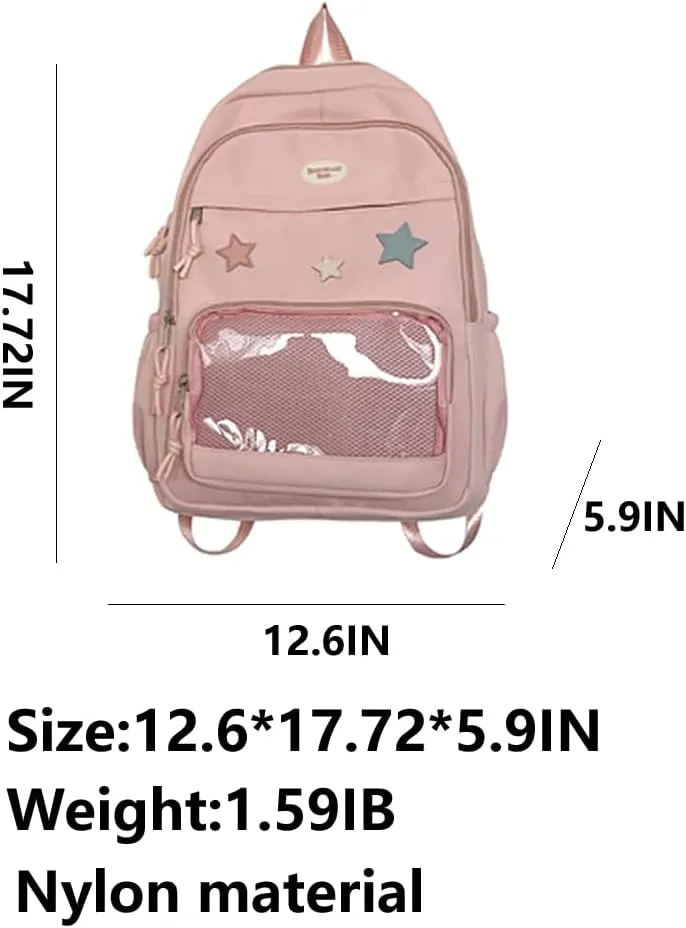 Cute Y2K Aesthetic Backpack Stars Pattern Preppy Backpack Laptop Backpack (Black)