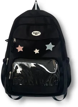Cute Y2K Aesthetic Backpack Stars Pattern Preppy Backpack Laptop Backpack (Black)