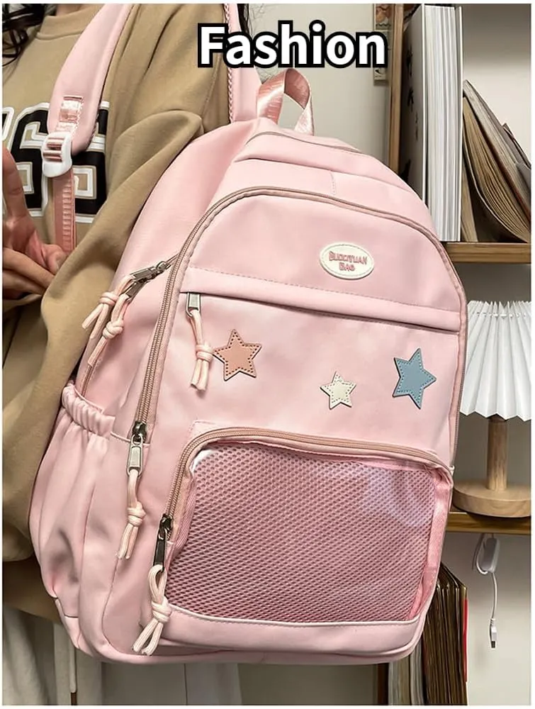 Cute Y2K Aesthetic Backpack Stars Pattern Preppy Backpack Laptop Backpack (Black)