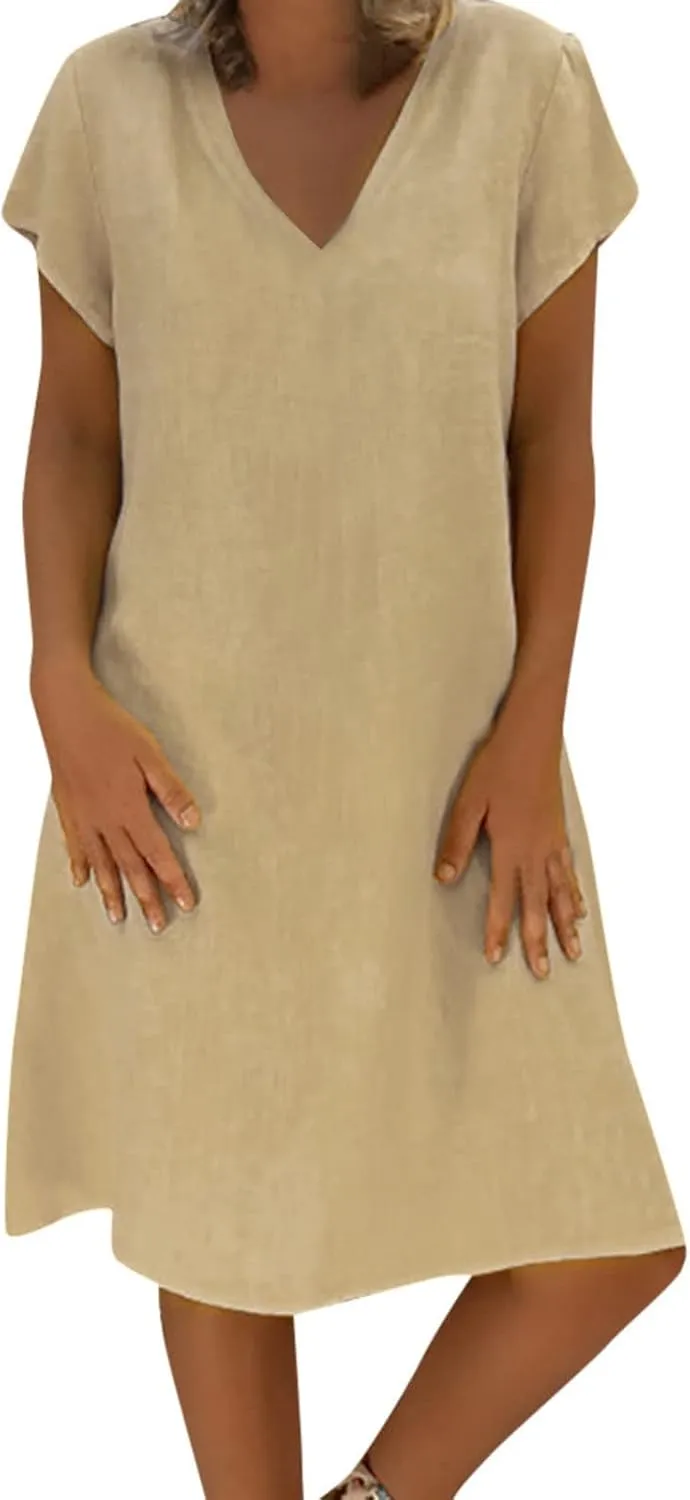 DASAYO Short Sleeve Tshirt Dresses for Women V Neck Solid Color Linen Dress Loose Fit Knee Length Summer Dress Fashion 2025